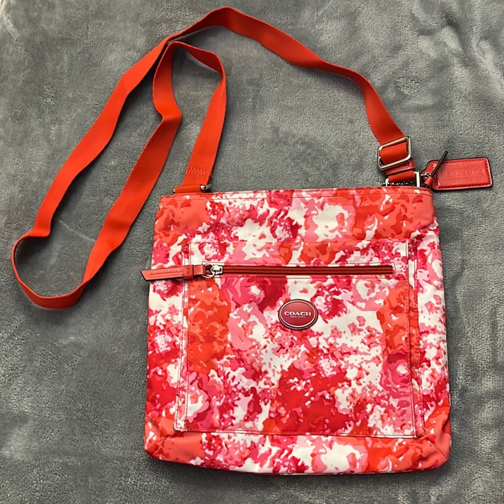 EUC Coach Red & Pink Floral Nylon Crossbody